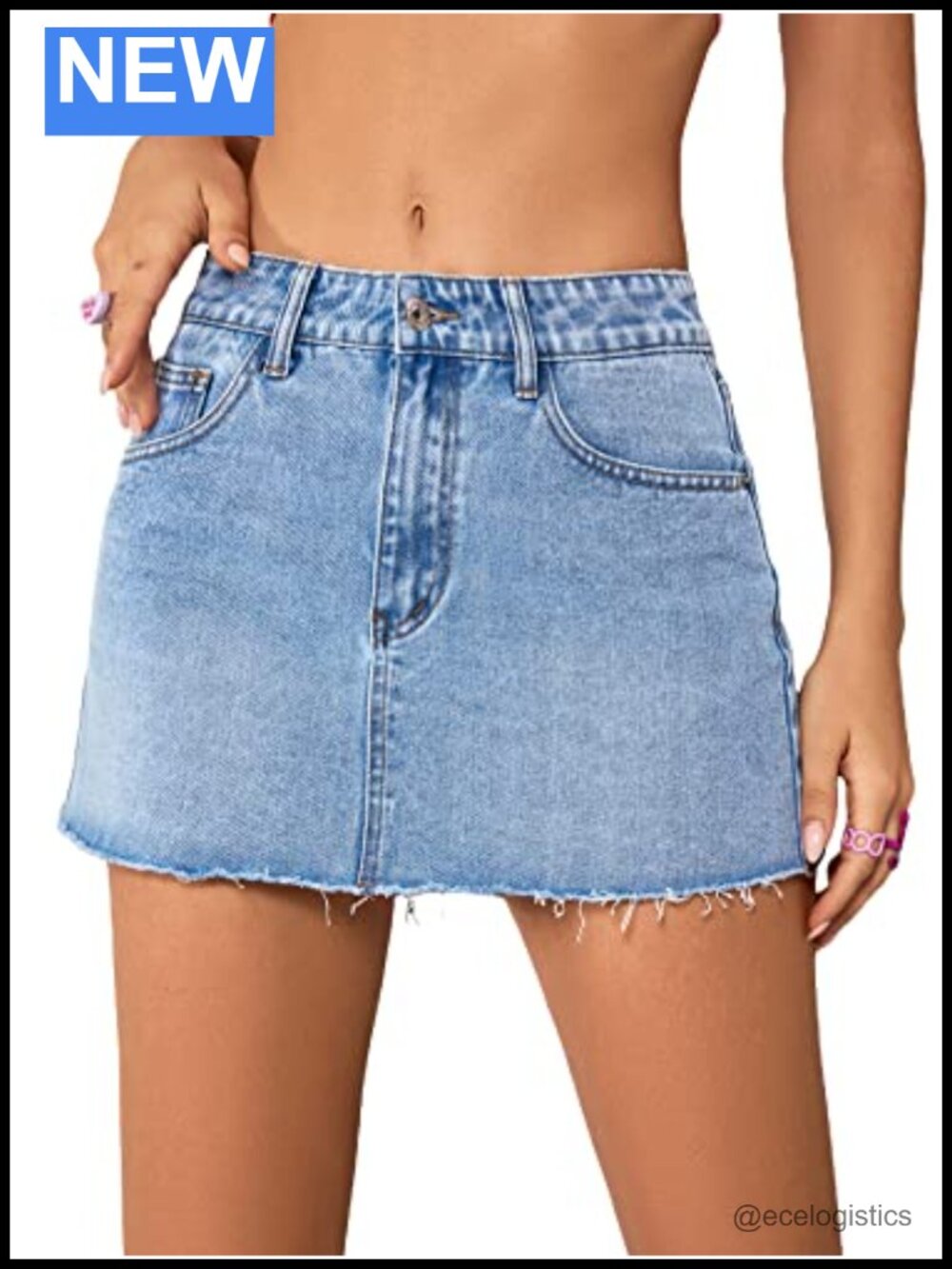 High Waist Raw Hem Denim Short Skirt with Pockets